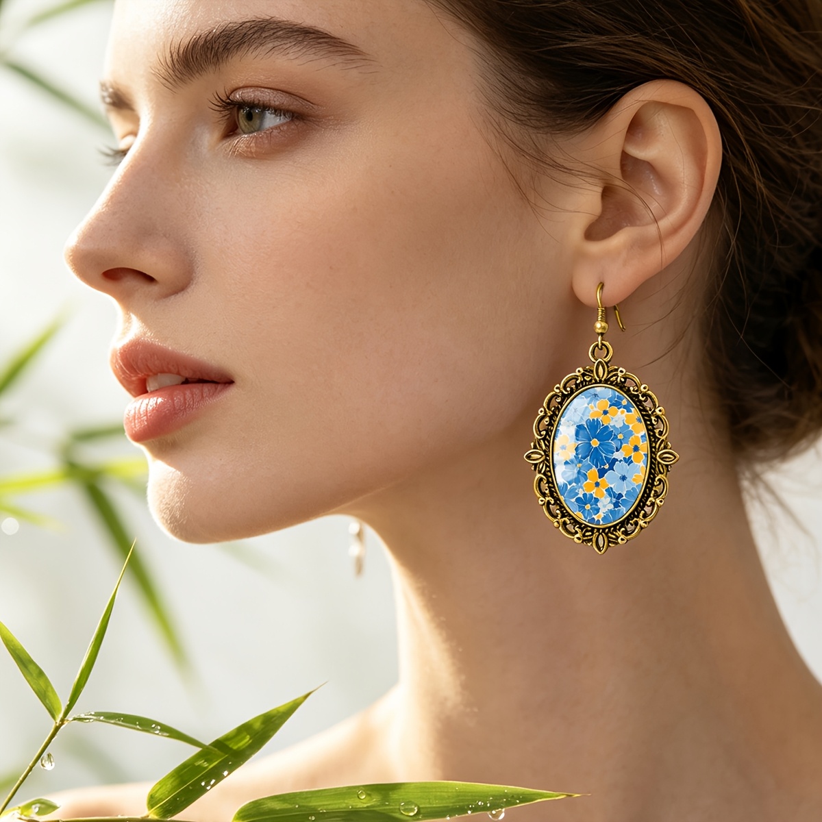 Blue Yellow Daisy Pattern Oval Earrings, Unisex Gift